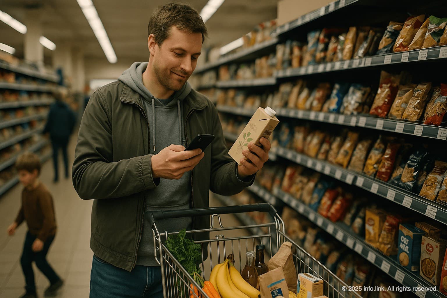 Man scanning product in supermarket with GS1 Digital Link