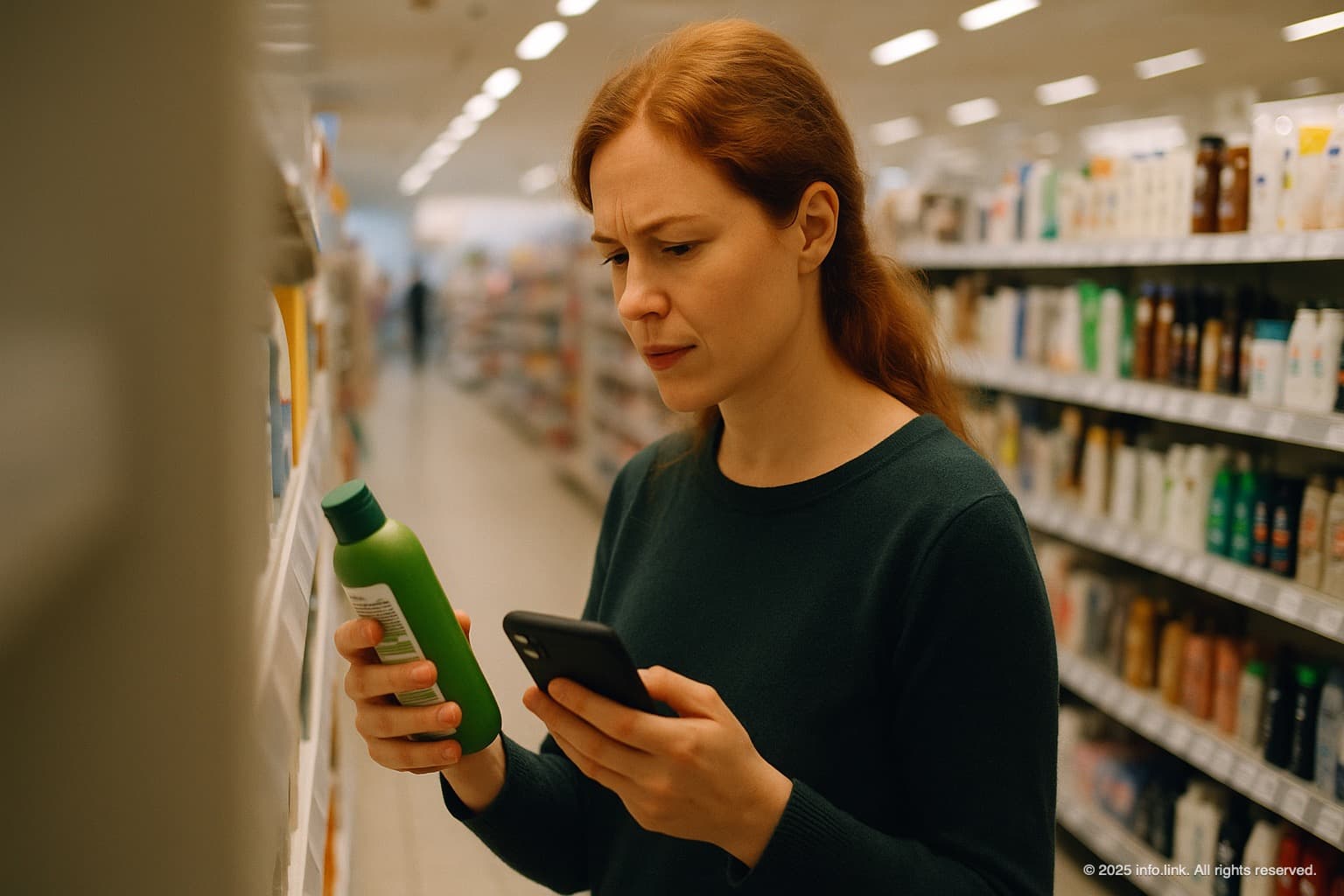 Woman reads product green claims in supermarket - EmpCo