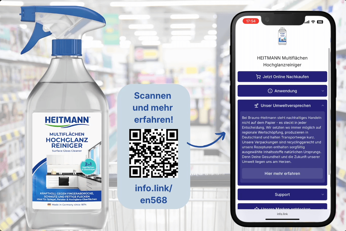 A HEITMANN Surface Gloss Cleaner bottle next to a QR code that leads to the product’s info.link page. A smartphone shows the digital product information displayed after scanning.