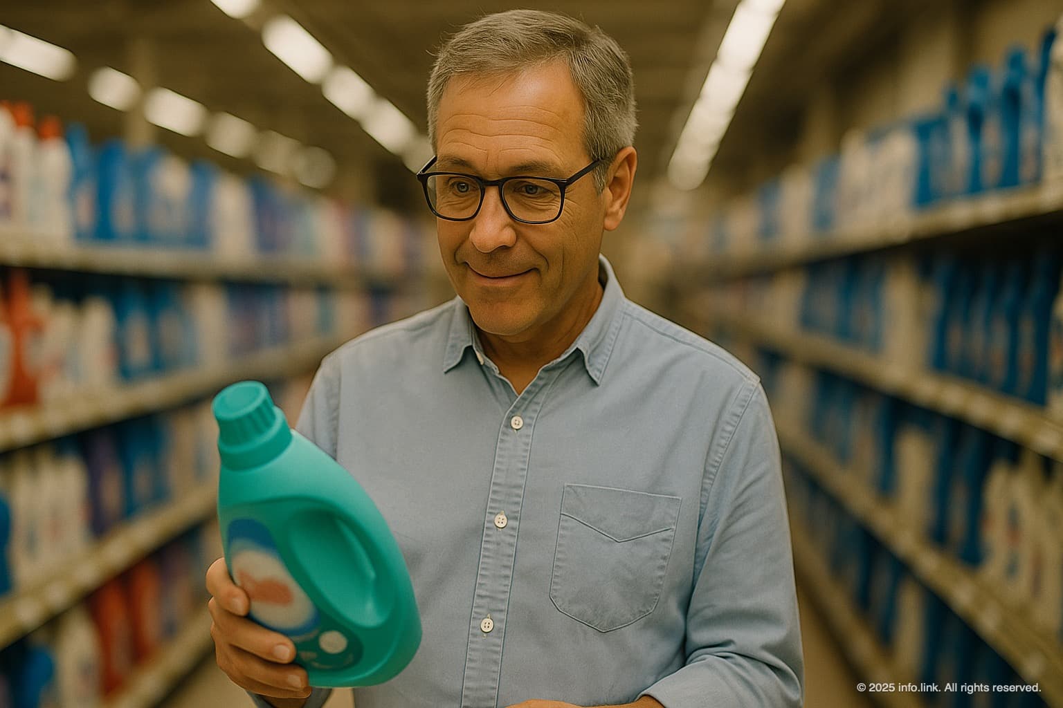 Old man in supermarket looks at detergent