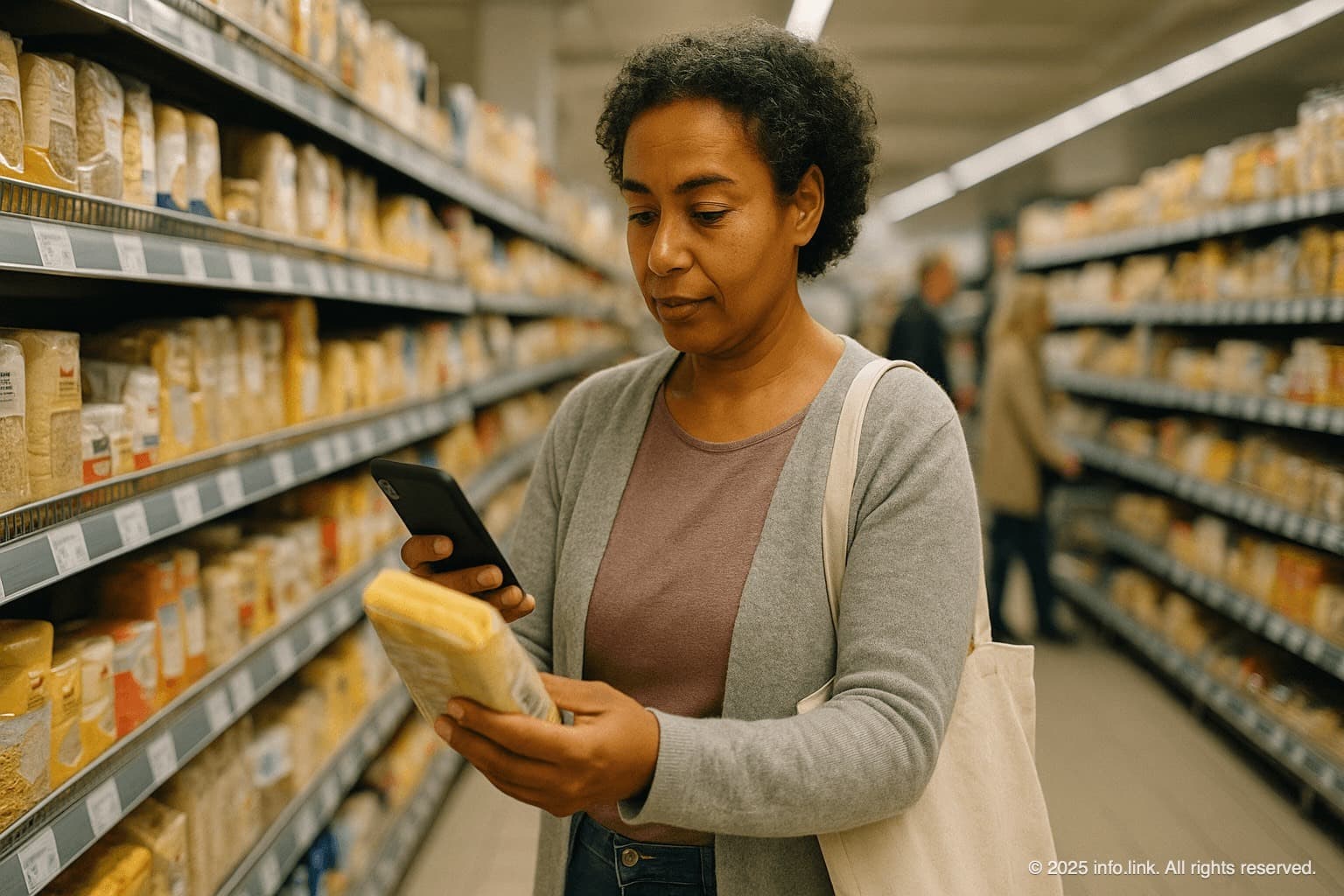 Woman scanning product in supermarket with GS1 Digital Link