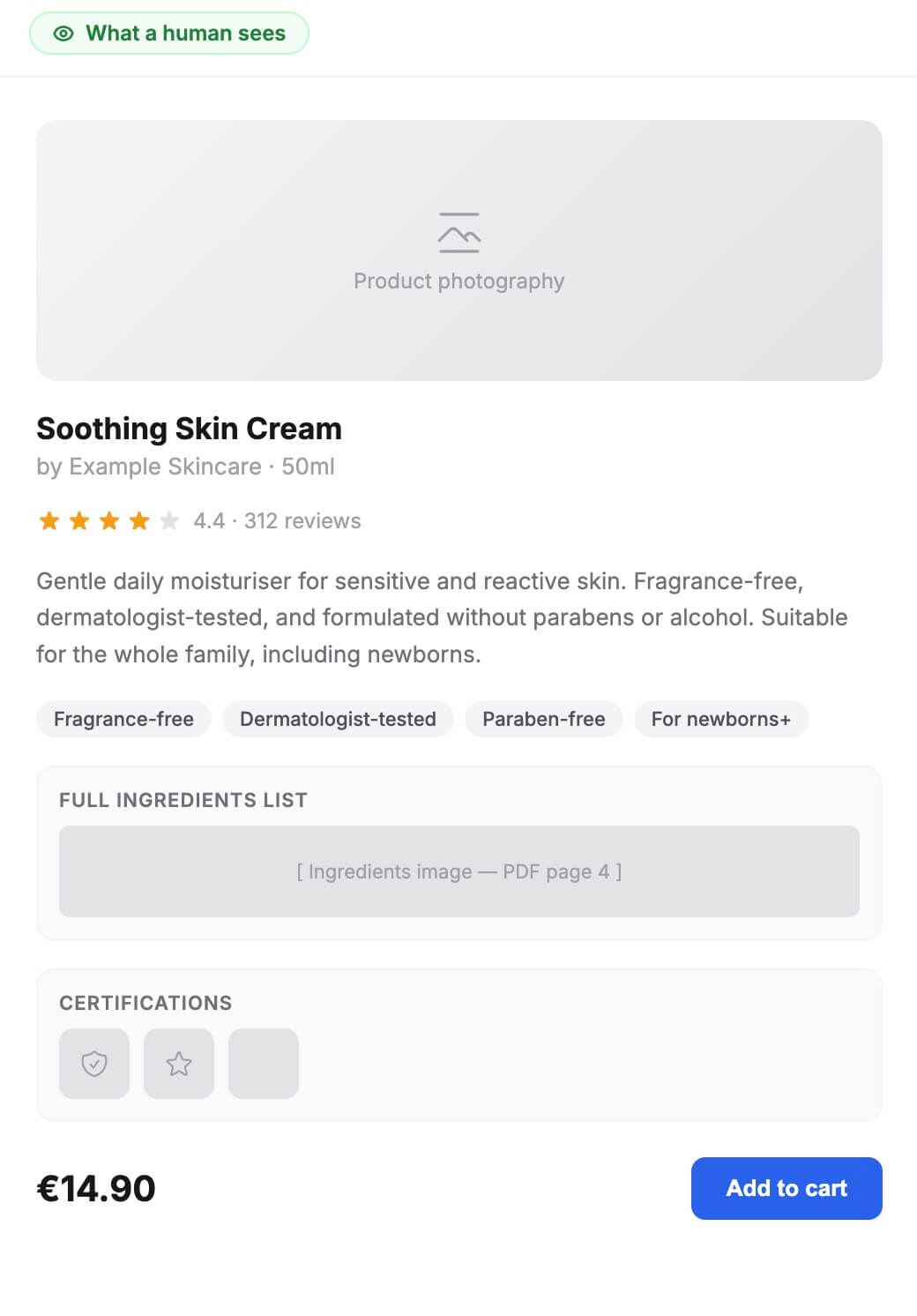 A product detail page as a consumer sees it: rich photography, ingredient badges, sustainability icons, and formatted text